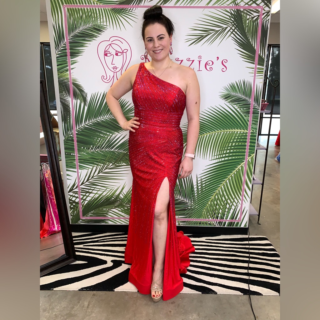 Red Sherri Hill One Shoulder Side Slit